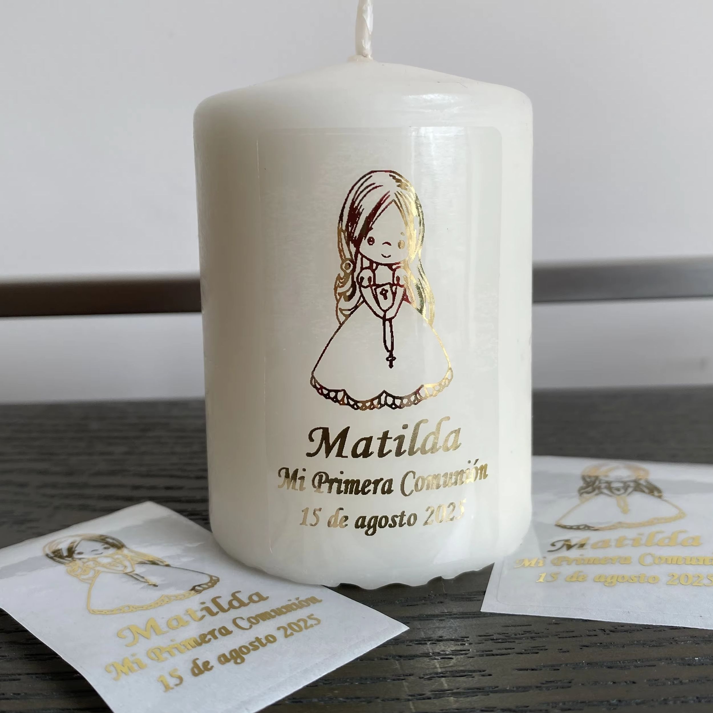 Personalised Candle Label - 女の子用ミ・プリメラ・コミユニオン用パーソナライズステッカー、私の初めての聖体拝領、ありがとうキャンドルステッカー、記念品、ギフトラベル