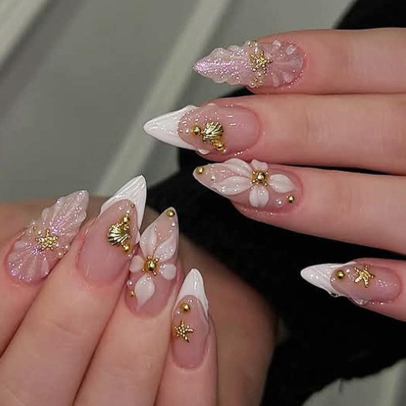 Pressed Flower Art - 24枚入り完成品アーモンド型プレスオンネイルアート、再利用可能なスイートフラワーピンクロングフェイクネイルセット、シェルパールデザインのフェイクネイルチップ付き