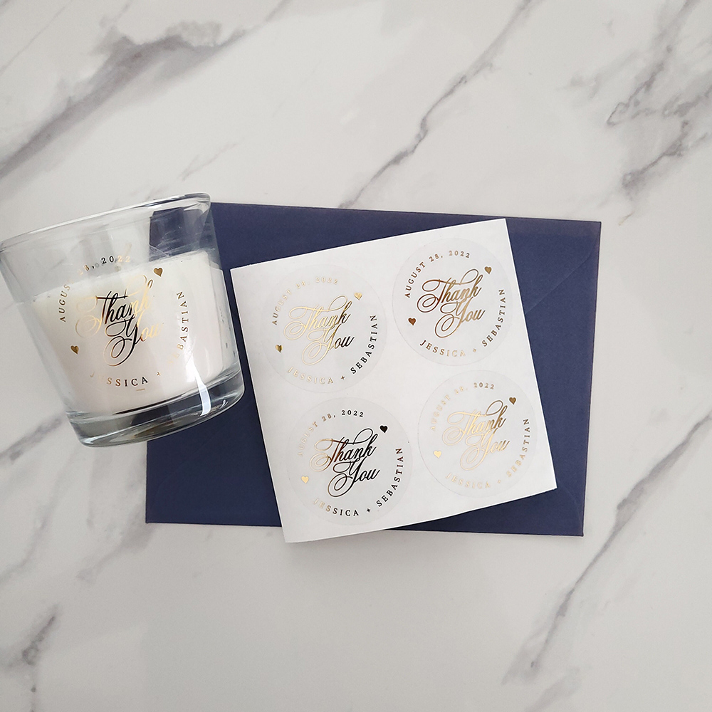 カスタム 50 個ラウンド金箔クリアラベルステッカーウェディ - Personalised Candle Label のレビューと価格